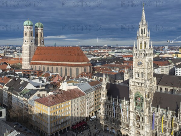 Beautiful view over the city centre of Munich, Germany: Different historic buildings with the