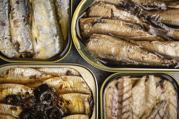 Assorted canned fish in a tin over gray concrete background: sardine, smoked sardine, mackerel.