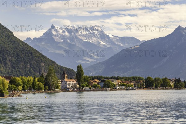 View of Villeneuve and the Dents du Midi mountain range, Lake Geneva, Lac Léman, Switzerland,