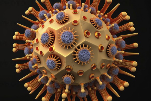 Virus cell under magnification, covid 19, illustration, 3d render. Illustration of colorful 3d cell