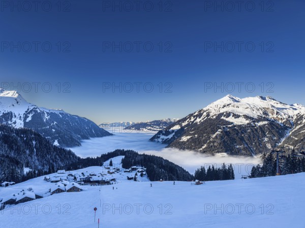 Snow-covered winter landscape near Garfrescha in the Silvretta Montafon ski area in Vorarlberg,