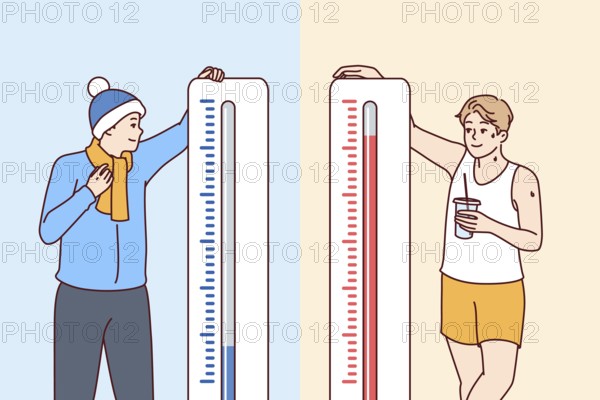 Man stands near thermometers showing different temperatures and feels heat or cold in different