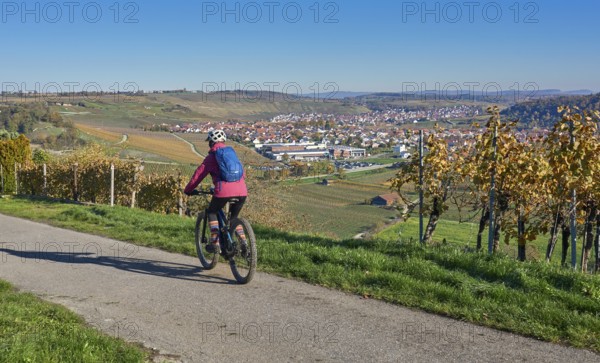 Nice senior woman riding her electric mountain bike in the steep, autumn coloured vineyards of the