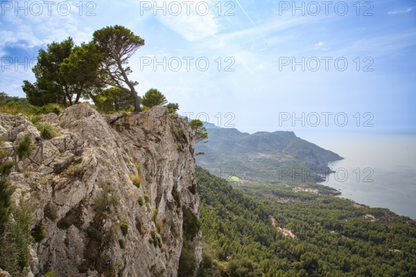 An impressive panorama of a rock face with trees above a coastline and the blue sea, view over