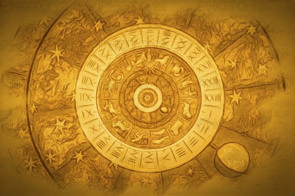 Astrological zodiac background. Vintage illustration art, grunge design. Concept of destiny,