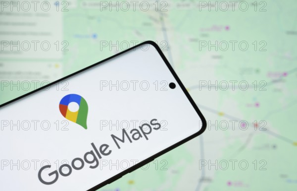 The logo of the google maps is displayed on a smartphone screen, and the website google maps is