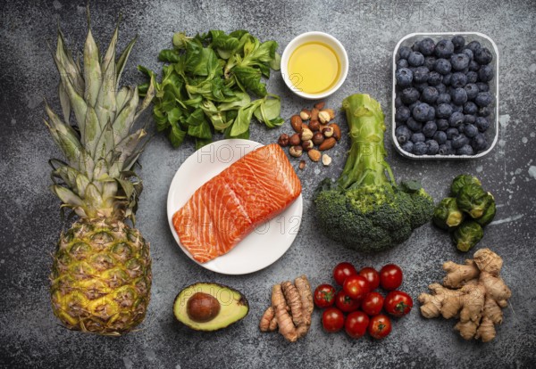 Anti inflammatory diet concept. Set of foods that help to reduce inflammation - plant based