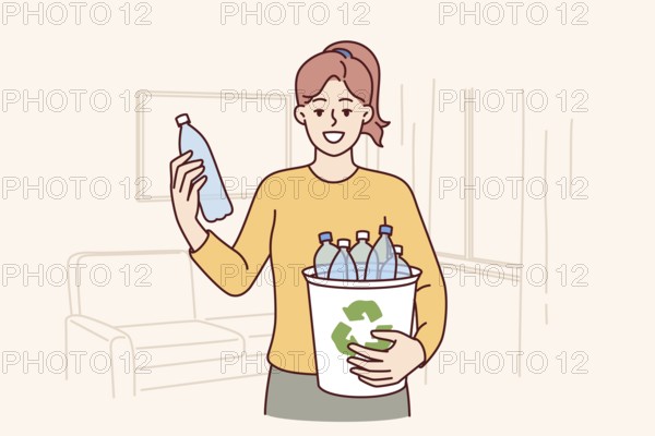 Woman puts plastic bottles in recycling bin showing awareness and concern for environment. Young