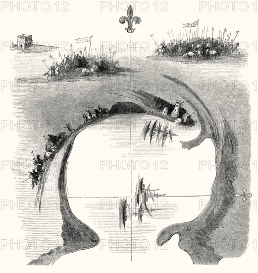 The fleet of Estêvão da Gama attacking the Ottoman fleet in its harbor at Suez, Gulf of Suez, 16th