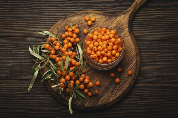 Sea buckthorn ripe berries in glass jar and branches with leaves top view on dark wooden rustic