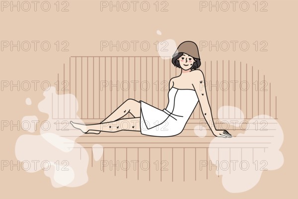 Happy young woman in towel relax in sauna enjoy bodycare procedures. Smiling girl rest in bathhouse