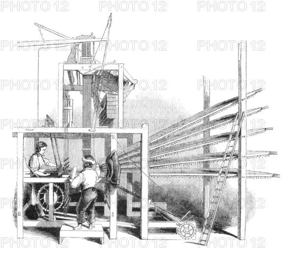 A Day at a scotch carpet-factory in Glasgow: Brussels carpet-loom. Engraving from a british