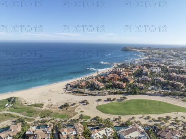 Aerial view of luxury golf course on the pacific ocean in Los Cabos, Cabo San Jose, Mexico, Central