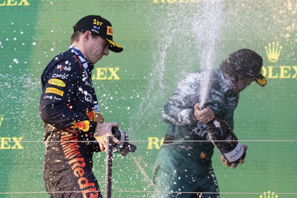 MELBOURNE, AUSTRALIA, APRIL 2: Max Verstappen of the Netherlands celebrates winning with his Oracle