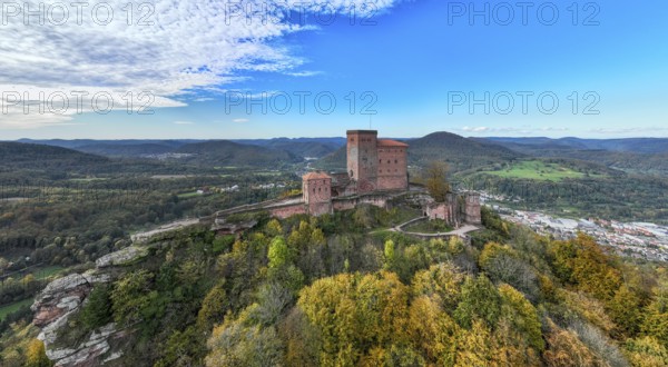 Aerial view, Reichsburg Trifels, Annweiler, Palatinate, Rhineland-Palatinate Forest in autumn,