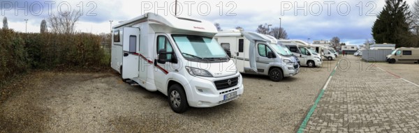 Panoramic photo with many motorhomes at the Kehl am Wasserturm car park, Kehl, Baden-Württemberg,