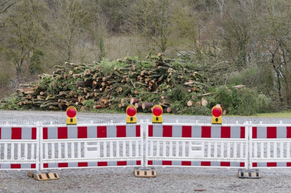 Stacked logs in a storage yard after helicopter transport from a difficult-to-access ravine forest,