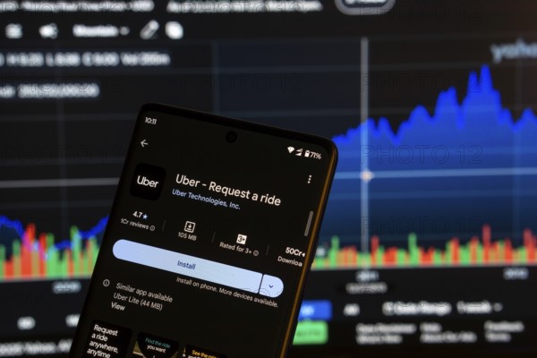 Dhaka, Bangladesh 08 March 2025: Uber app installation screen on a smartphone and the financial