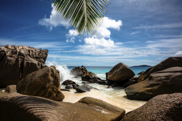 Tropical beach scenery with rocks and palm leaves, sky and sea meet on the horizon, La Digue,