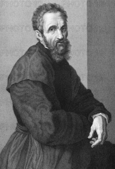 Michelangelo (1475-1564) on copper engraving from 1841. Italian Renaissance painter, sculptor,