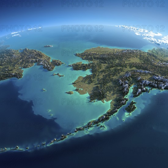 Highly detailed planet Earth in the morning. Exaggerated precise relief lit morning sun. Detailed