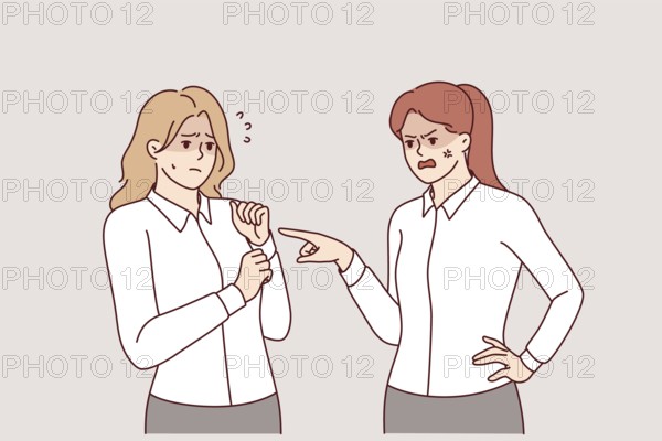 Rude woman manager makes reprimand subordinate, scolding due lack of subordination and mistakes in