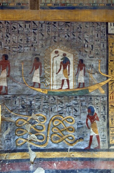 Wall painting, sun barque, burial chamber of Ramses I, tomb number KV 16, tomb, Valley of the