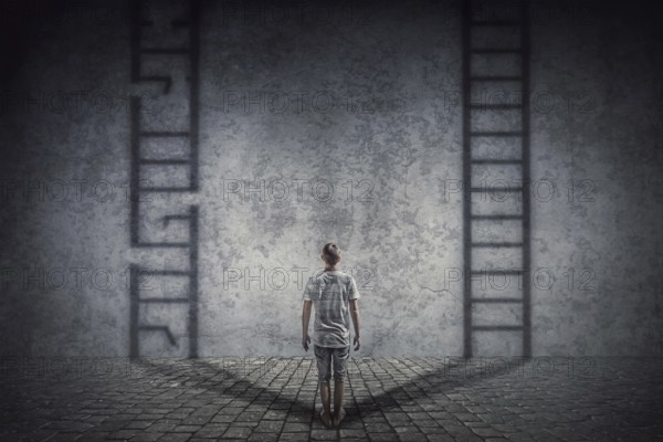 Person stands in front of a wall casting two ladder shadows with one broken on the left and another