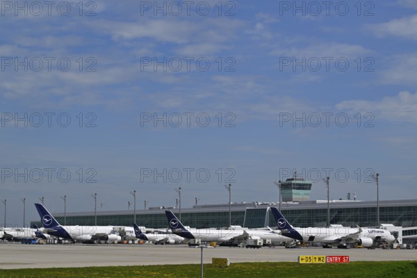 Various Lufthansa aircraft at check-in position in front of satellite, Terminal 2, Terminal 2,