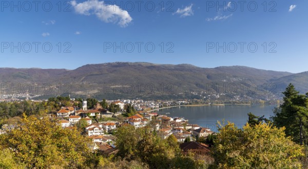 Ohrid, North Macedonia, 1 November, 2022: view of the old town of Ohrid and Lake Ohrid in late
