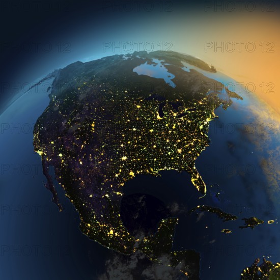 Night view of North America from the satellite to the glowing lights of towns on the sunrise from