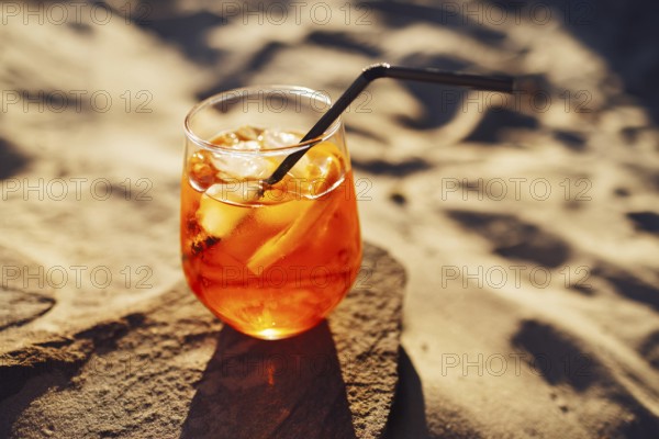 Orange slice and aperol spritz cocktail on a stone against the backdrop of a sandy beach. Glass