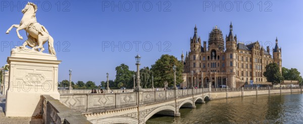 Panoramic photo Schwerin Castle with castle bridge and Schwerin Lake, Schwerin, Mecklenburg-Western