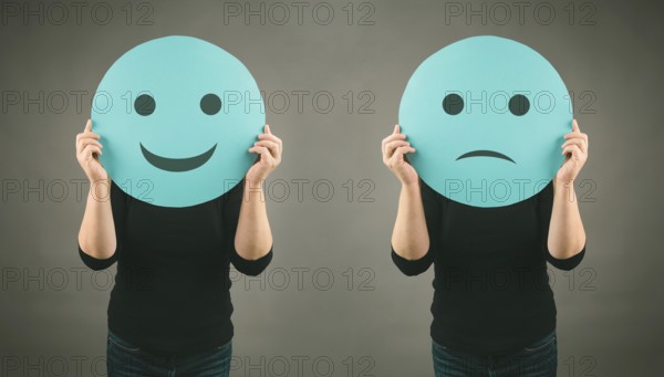 Head with a sad and a happy face, mental health concept, positive and negative mindset, depression,