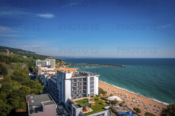 View of a hotel on the beach overlooking the Black Sea under a blue sky, Golden Sands, Varna,