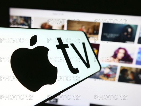 Stuttgart, Germany, 09-23-2023: Smartphone with logo of video streaming service Apple TV plus on