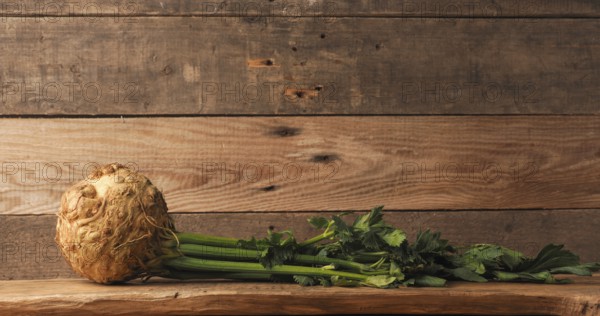 Organic celeriac on a rustic wooden table, healthy food, space for your text, organic ingredients,