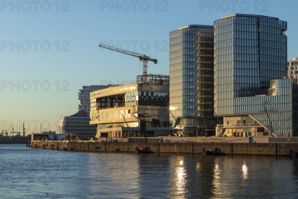 Modern architecture on the Elbe in the evening light on the promenade in Überseequartier,