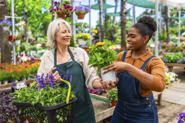 Two female florists or gardeners are smiling and holding plants and flowers in a greenhouse or