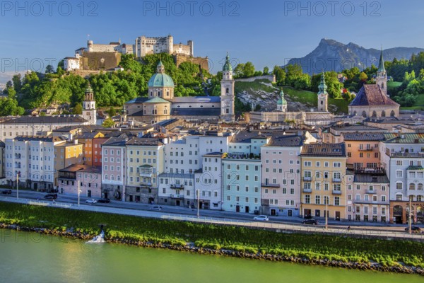Panoramic view from the Kapuzinerberg over the Salzach to the old town with the Hohensalzburg