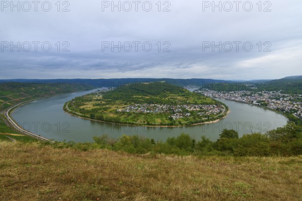 Clear picture of a river bend with neighbouring town and surrounding green hills, summer, Rhine