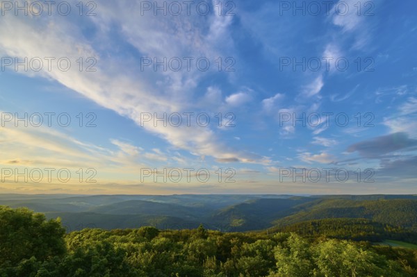 Expansive sky and green landscape during a sunset, Katzenbuckel, Waldbrunn, Neckar-Odenwald-Kreis,