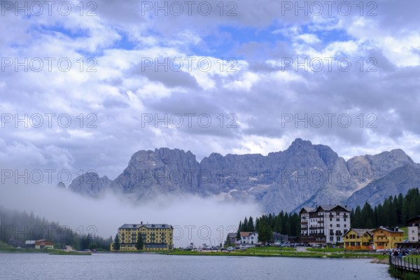 Lake Misurina, Lago di Misurina in the fog, behind Sorapis Group, Auronzo di Cadore, Dolomites,