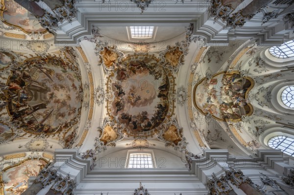 Vaults with ceiling frescoes in the baroque Basilica of St Alexander and Theodor, Ottobeuren