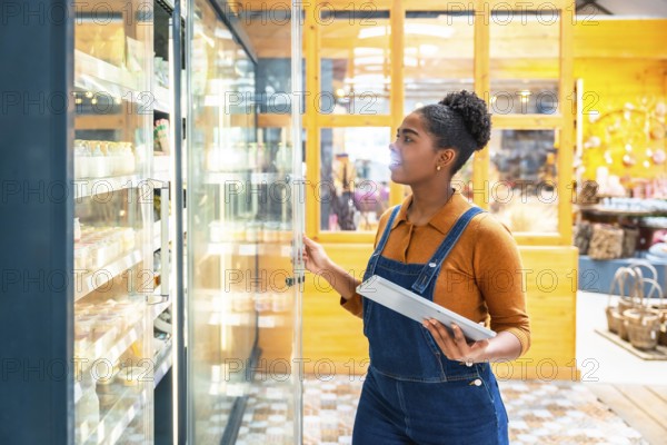 Young supermarket employee opening refrigerated section door and checking food products using