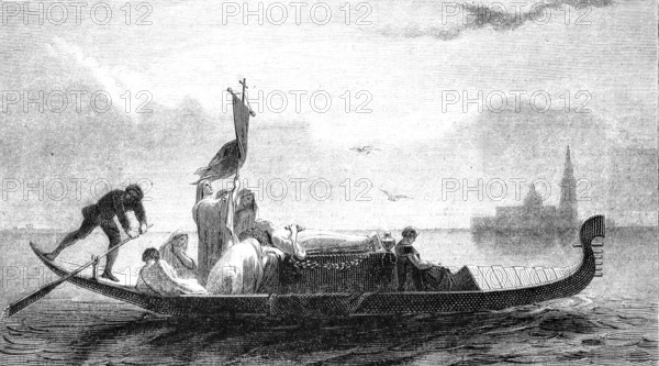 A funeral gondola from Venice travelling to the cemetery island of San Michele, 1860, Italy,