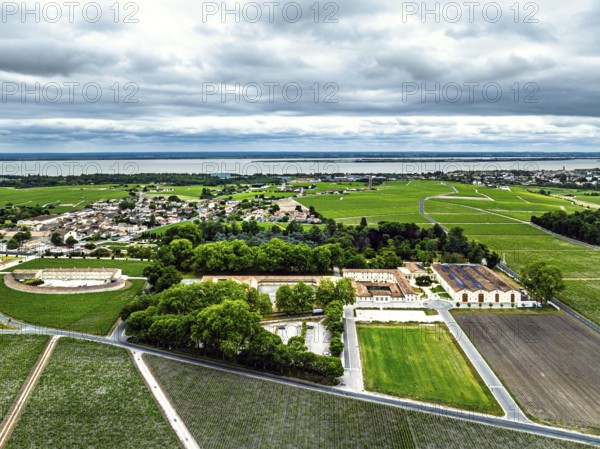 Chateau d'Armailhac Vineyard and grape fields around Pauillac and Gironde Estuary from a drone,