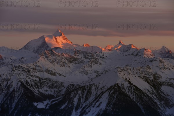 Alpenglow... Swiss Alps, view of the Weißhorn and Obergabelhorn, well-known four-thousand metre