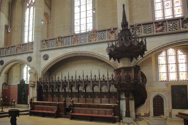 Choir stalls with decorations, wood carving, arts and crafts, UNESCO, castle church, castle, Luther