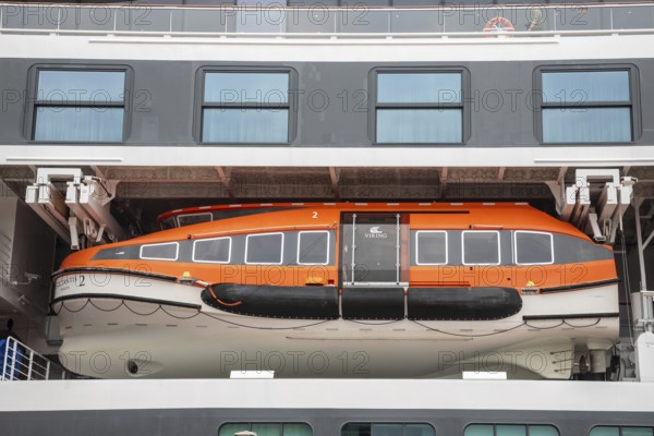 Detroit, Michigan - A life boat on the Viking Octantis luxury cruise ship. The ship visited Detroit
